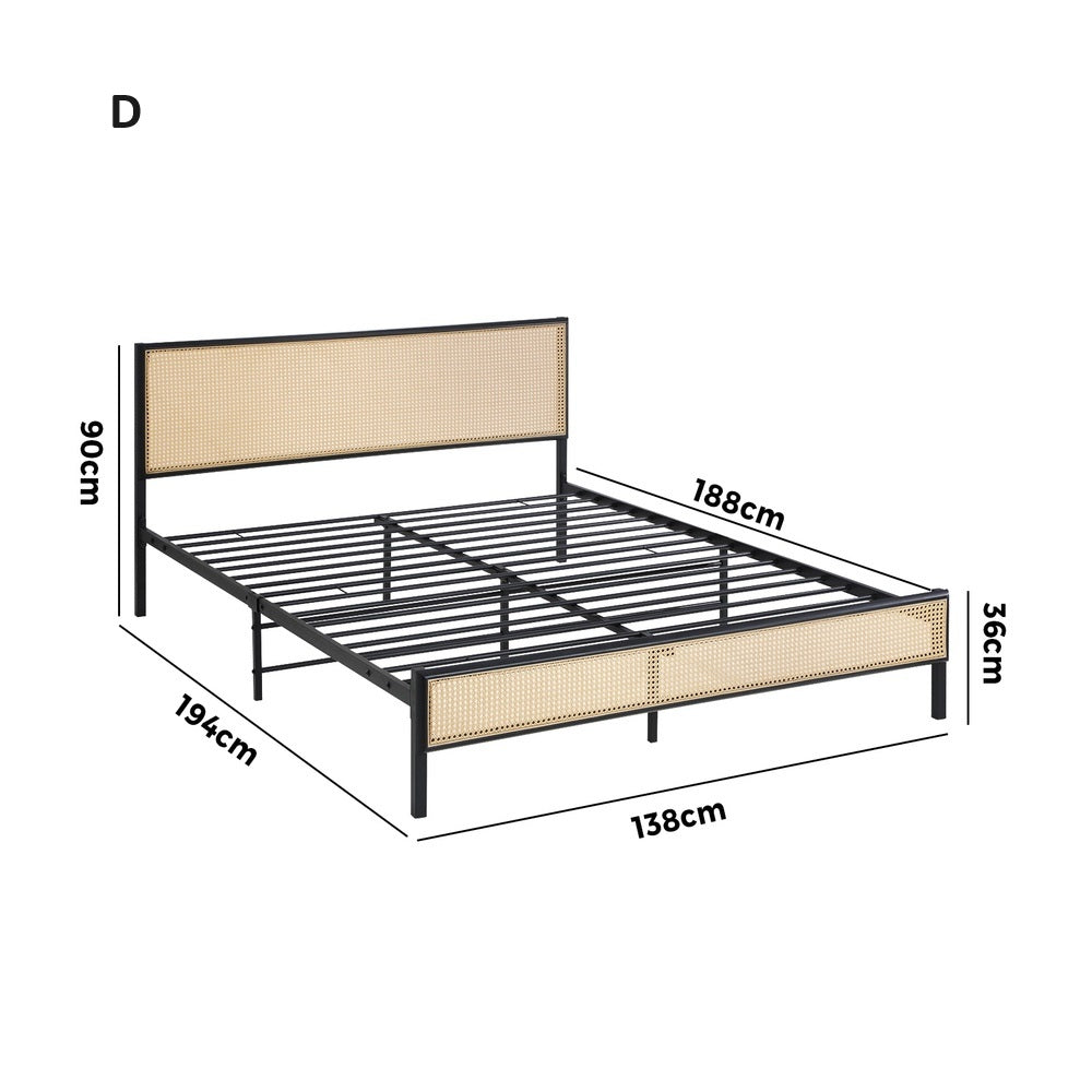 Aspen Retro Modern Rattan and Metal Bed Frame | Strong Metal Frame Bed with Rattan Headboard | 5 Sizes