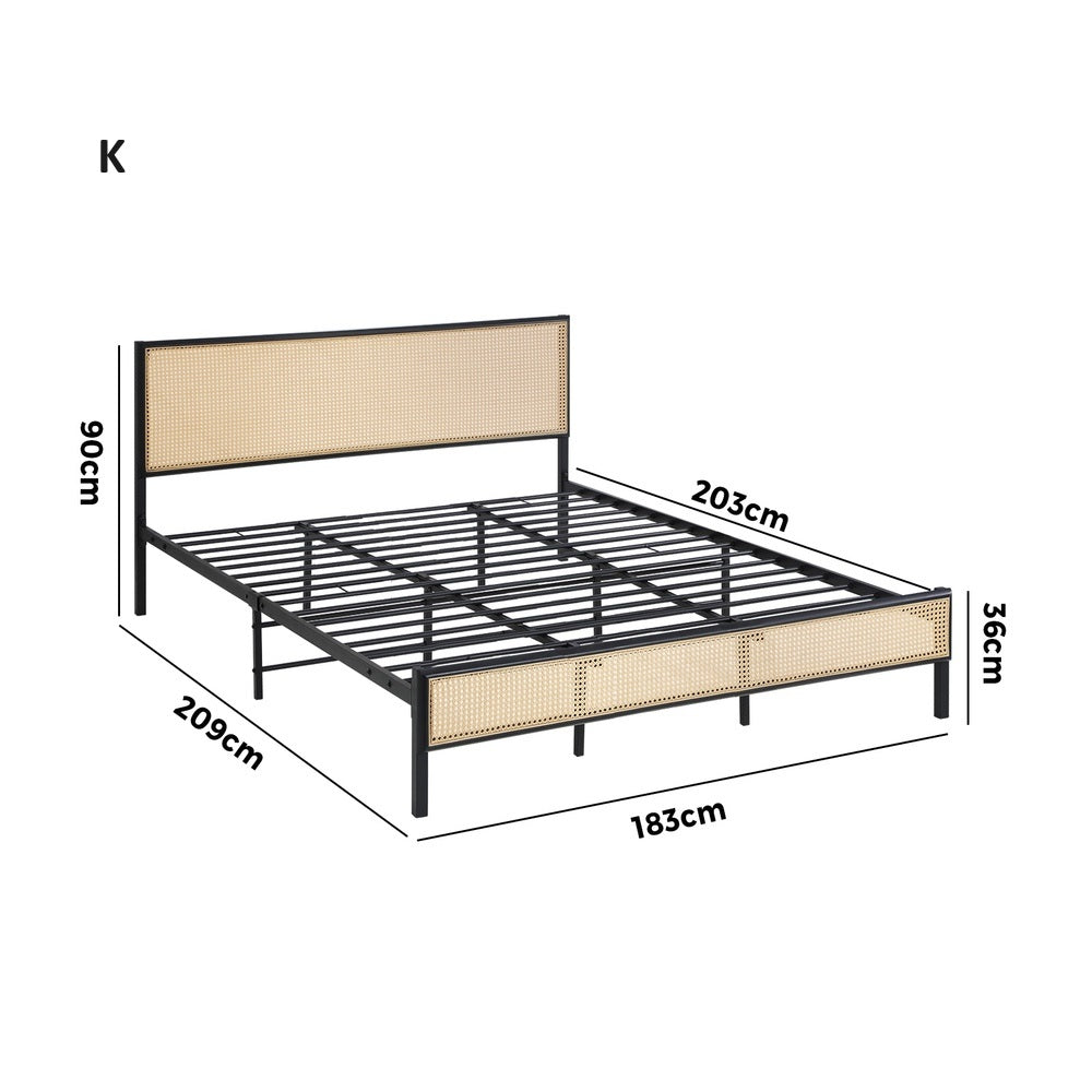 Aspen Retro Modern Rattan and Metal Bed Frame | Strong Metal Frame Bed with Rattan Headboard | 5 Sizes