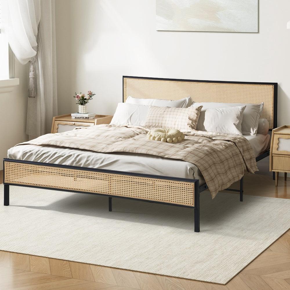 Aspen Retro Modern Rattan and Metal Bed Frame | Strong Metal Frame Bed with Rattan Headboard