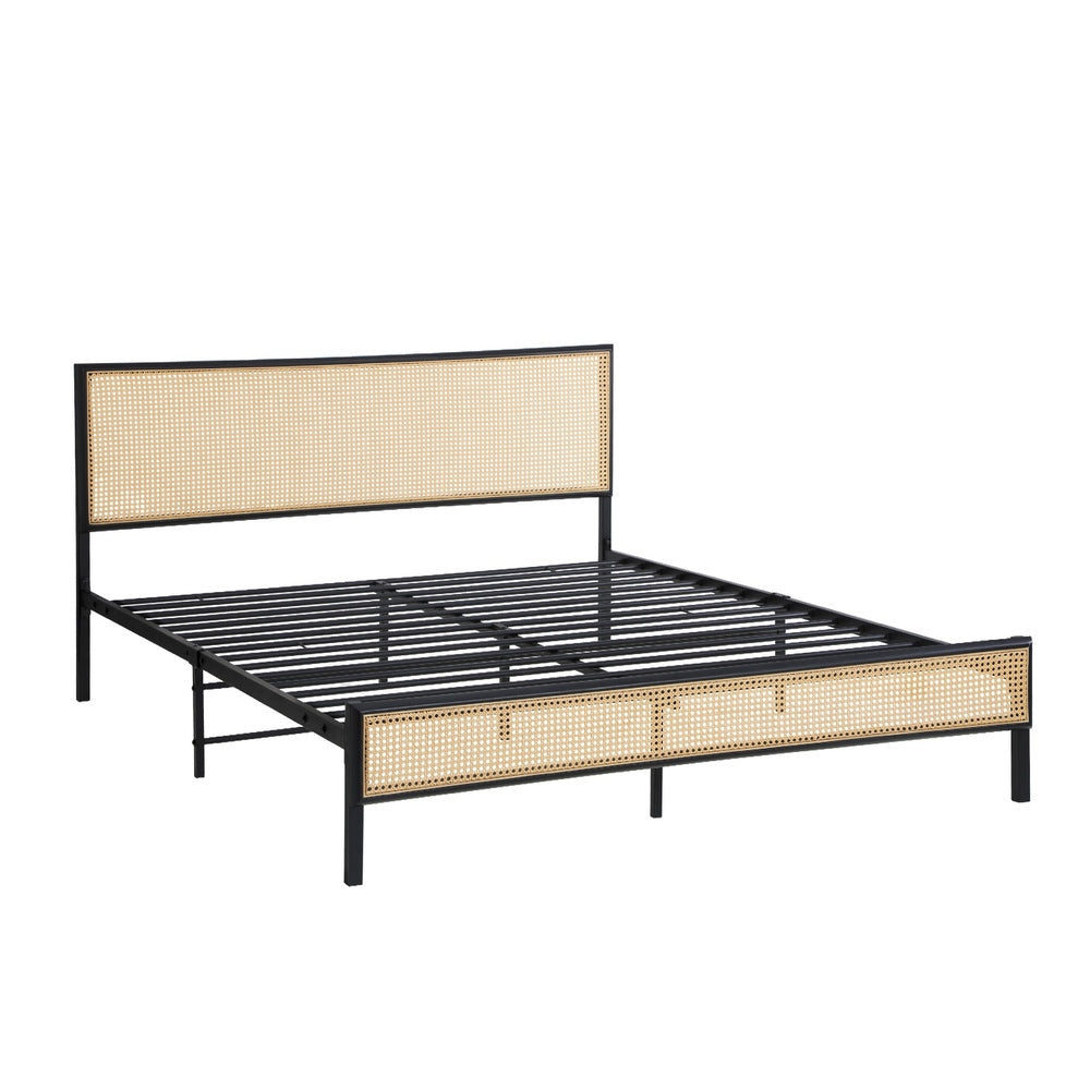 Aspen Retro Modern Rattan and Metal Bed Frame | Strong Metal Frame Bed with Rattan Headboard