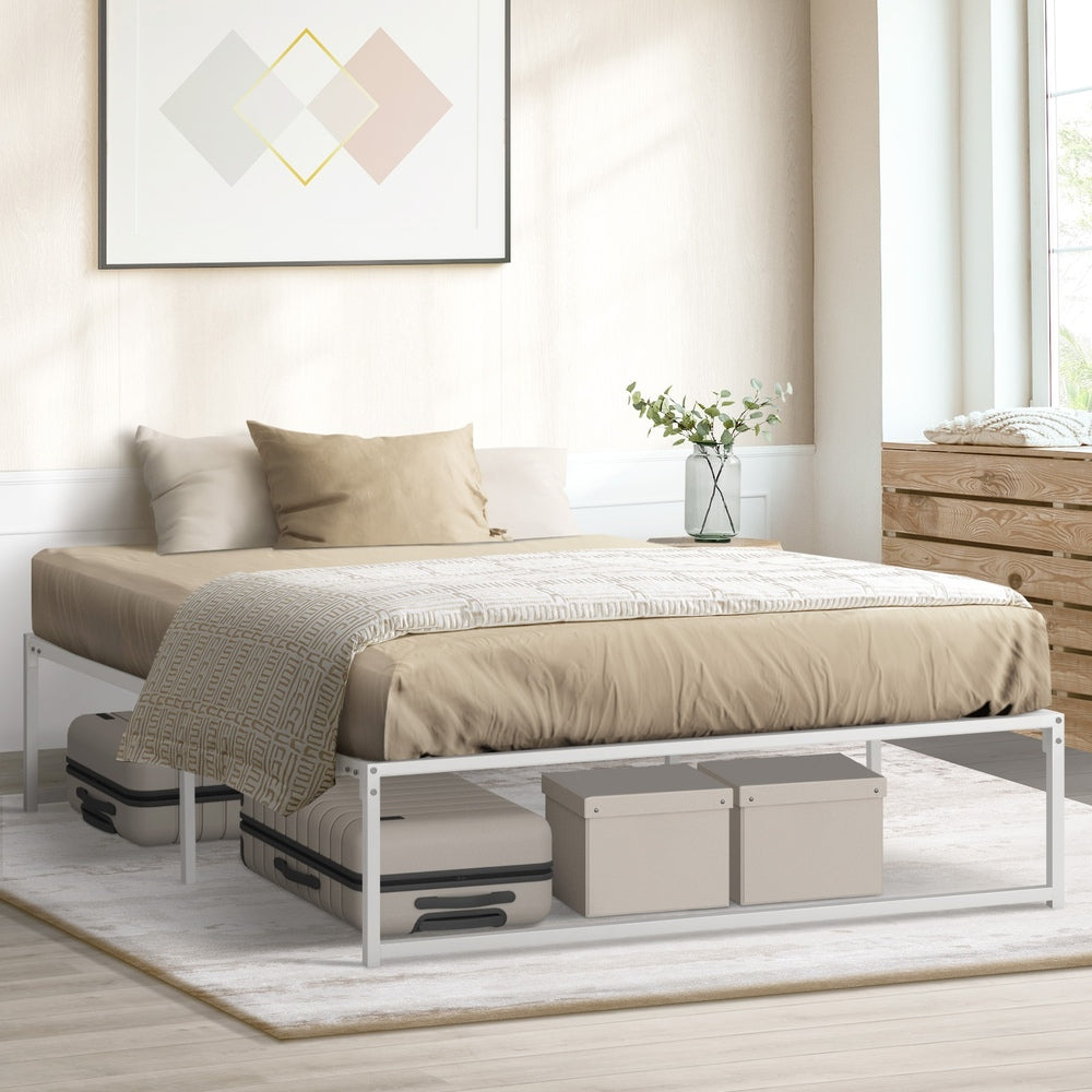 Maurizzi Premium Full Metal Platform Bed in White | Reinforced Durable Metal Floating Bed Base | 4 Sizes