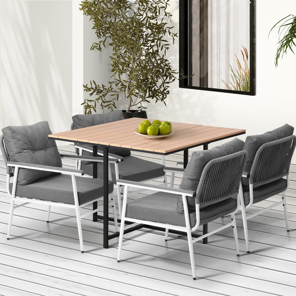 Empire White 5pc Modern Table and Chair Outdoor Set | Designer Cushioned Chairs and Table Patio Furniture Set