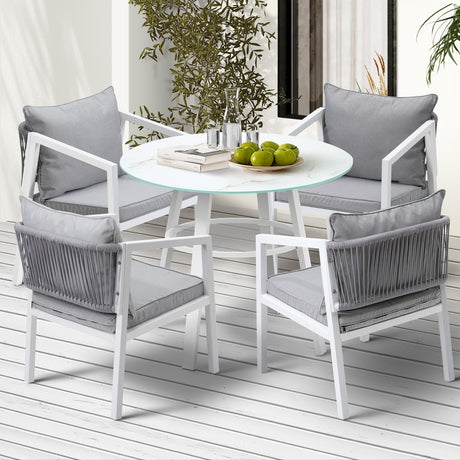 Piazza White 3 or 5pc Marble Style Table and Chair Outdoor Set | Soft Cushioned Chairs and Table Patio Furniture Set in Three Models