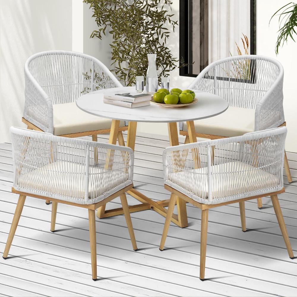 Designer 5pc Marble Stone Style Table and Chair Outdoor Set | Soft Cushioned Chairs and Table Patio Furniture Set in Four Models