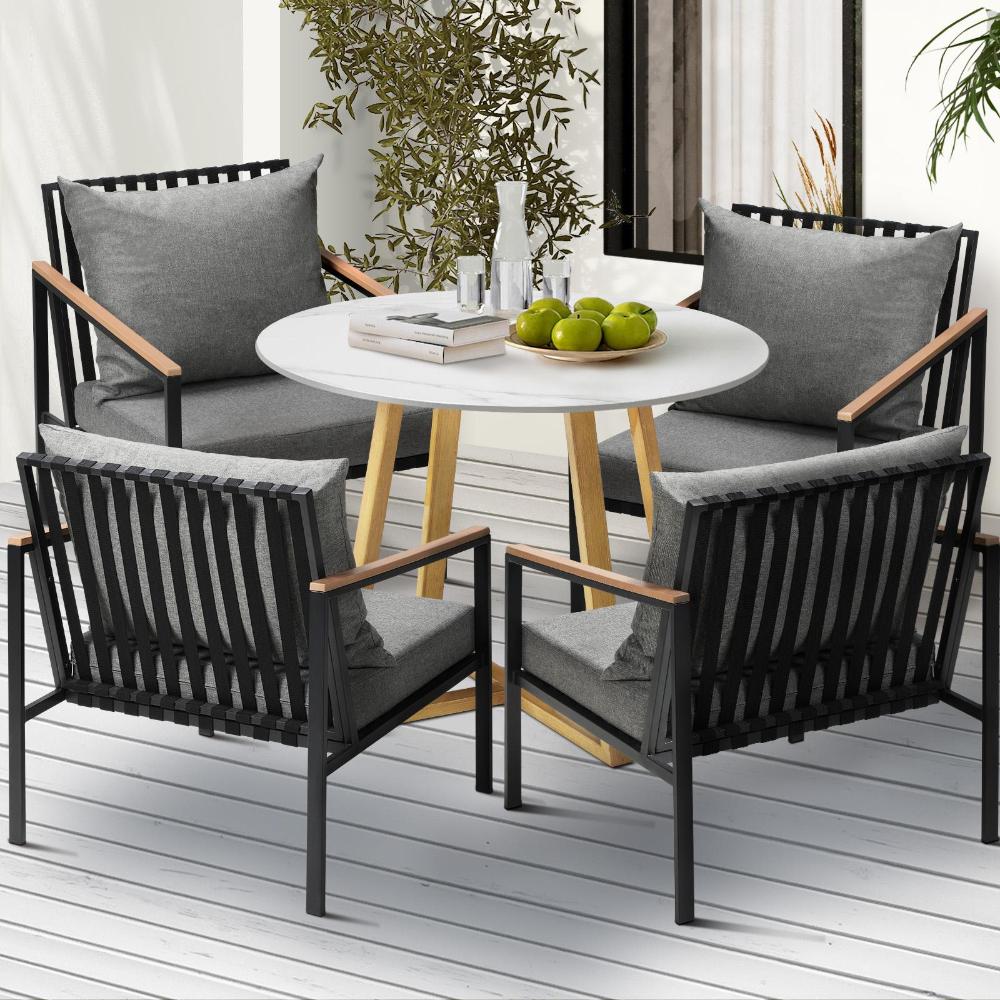 Designer 5pc Marble Stone Style Table and Chair Outdoor Set | Soft Cushioned Chairs and Table Patio Furniture Set in Four Models