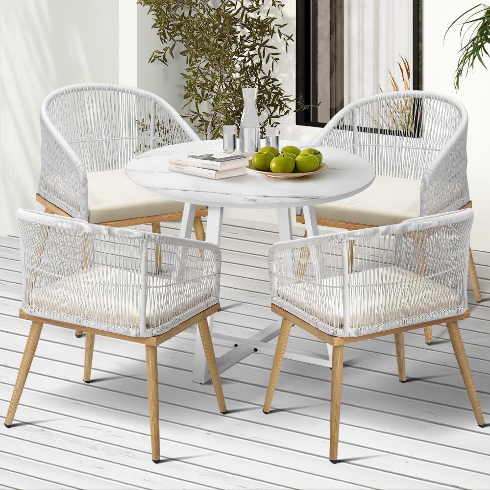 Designer 5pc Marble Stone Style Table and Chair Outdoor Set | Soft Cushioned Chairs and Table Patio Furniture Set in Four Models