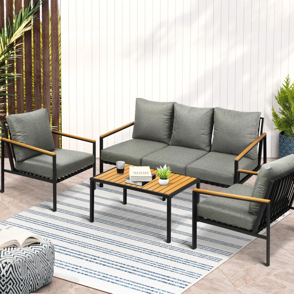 Peruzzi Deluxe Outdoor Furniture Set | Cushioned Metal Wood Patio Setting in 4 Combinations