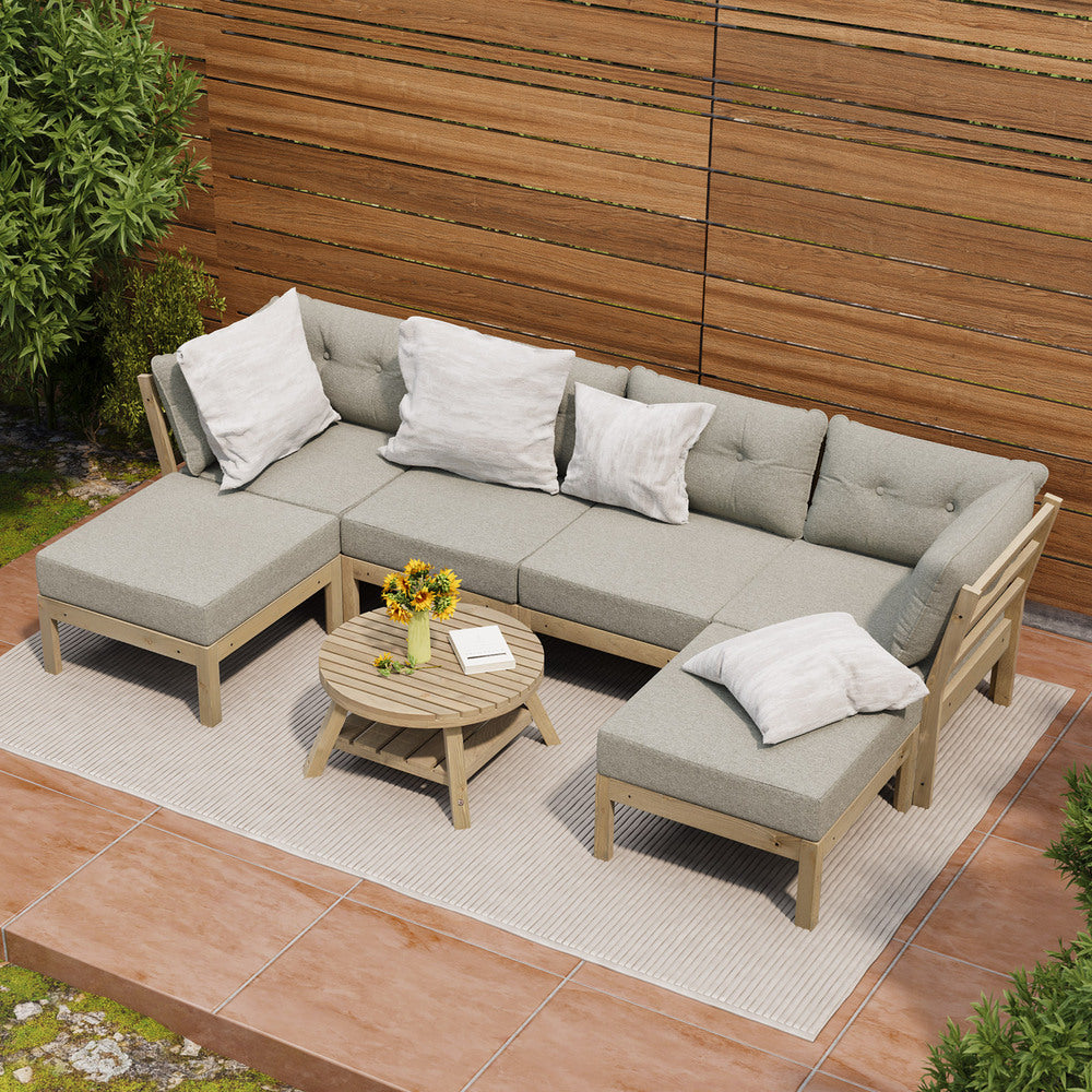 Playa Orsini Wooden Outdoor Lounge Set with Table | Modern Beige Cushion Outdoor Lounge Set | 4-6 Seater