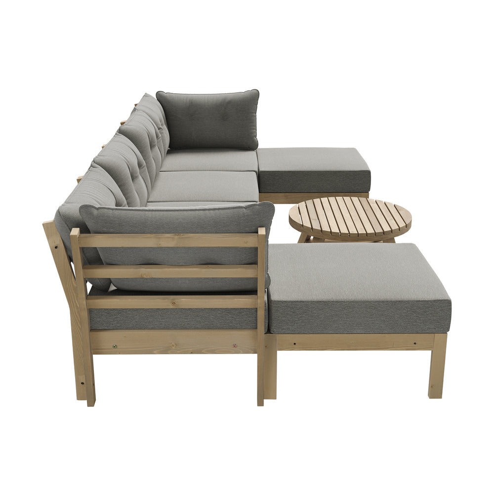 Playa Orsini Wooden Outdoor Lounge Set with Table | Modern Grey Cushion Outdoor Lounge Set | 4-6 Seater