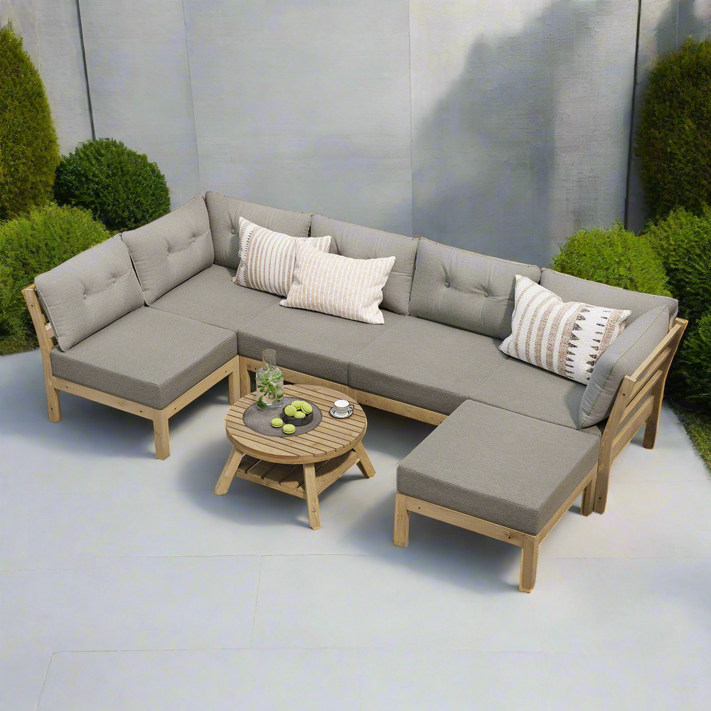 Playa Orsini Wooden Outdoor Lounge Set with Table | Modern Grey Cushion Outdoor Lounge Set | 4-6 Seater