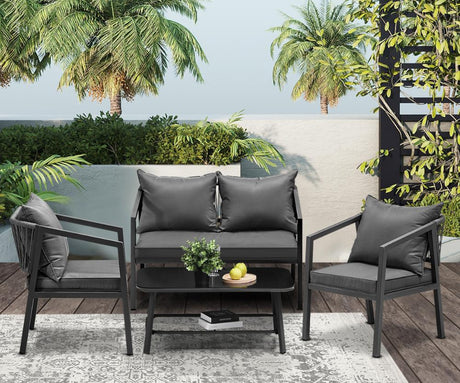 Amaro Black Grey Modern Outdoor Furniture Set | Balcony Lounge Patio Set with Cushions in 2 Sizes