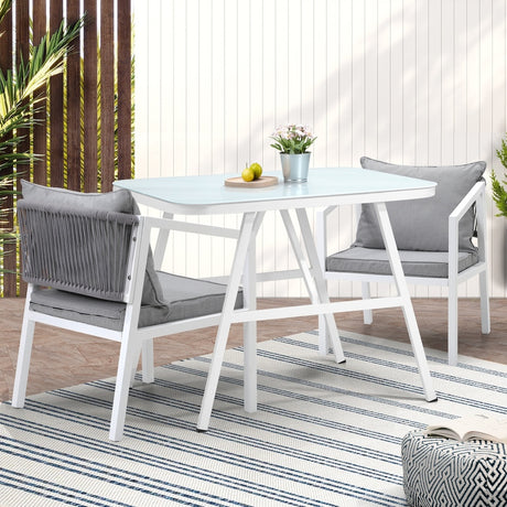 Alluro White 3pc Marble Style Table and Chair Outdoor Set | Soft Cushioned Chairs and Table Patio Furniture Set in Four Models