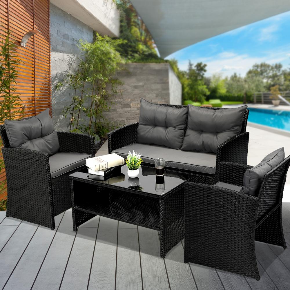 Luxury 4pc Wicker Outdoor Furniture Lounge Set | 4 Piece Rattan Sofa Chair Table Patio Set | 2 Colours