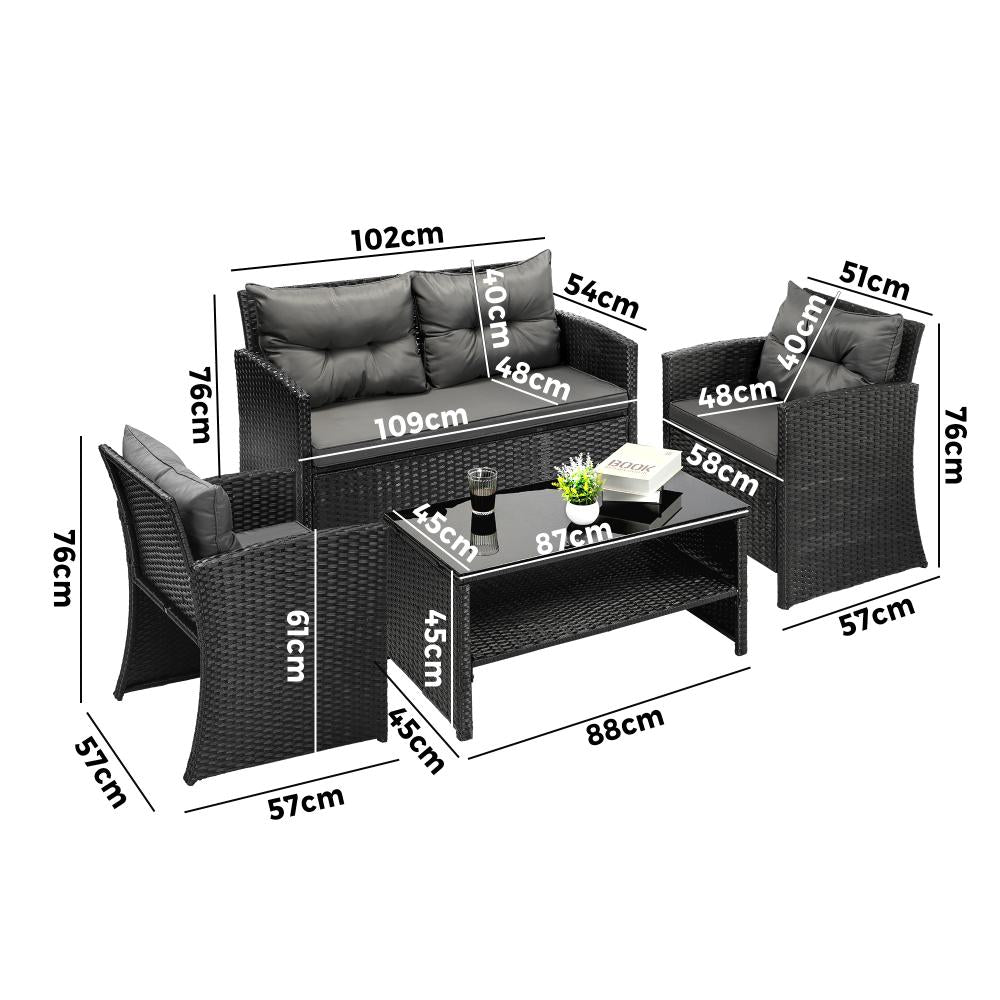 Luxury 4pc Wicker Outdoor Furniture Lounge Set | 4 Piece Rattan Sofa Chair Table Patio Set | 2 Colours