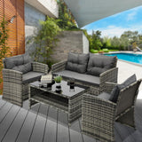 Luxury 4pc Wicker Outdoor Furniture Lounge Set | 4 Piece Rattan Sofa Chair Table Patio Set | 2 Colours