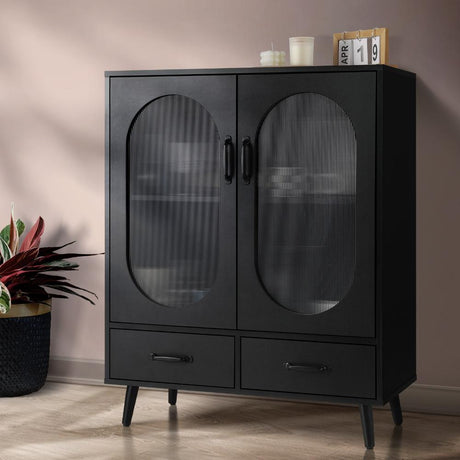 Noire Premio Black Sideboard Cabinet with Glass Doors and And Storage Shelves | 2 Models