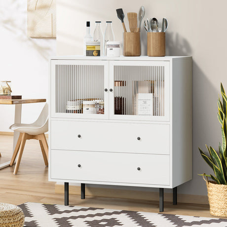 Barbados Modern 2 Drawer Sideboard with Fluted Glass Door | Hampton Style Display Storage Cabinet in White