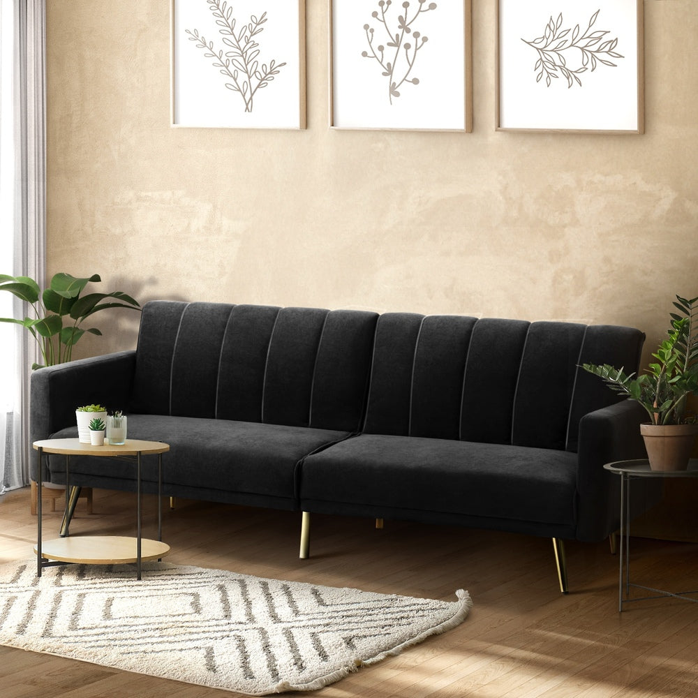 Lucrezia Velvet Two in One 3 Seater Sofa Couch and Fold Out Futon Bed | Adjustable Luxury Futon Sofa Couch