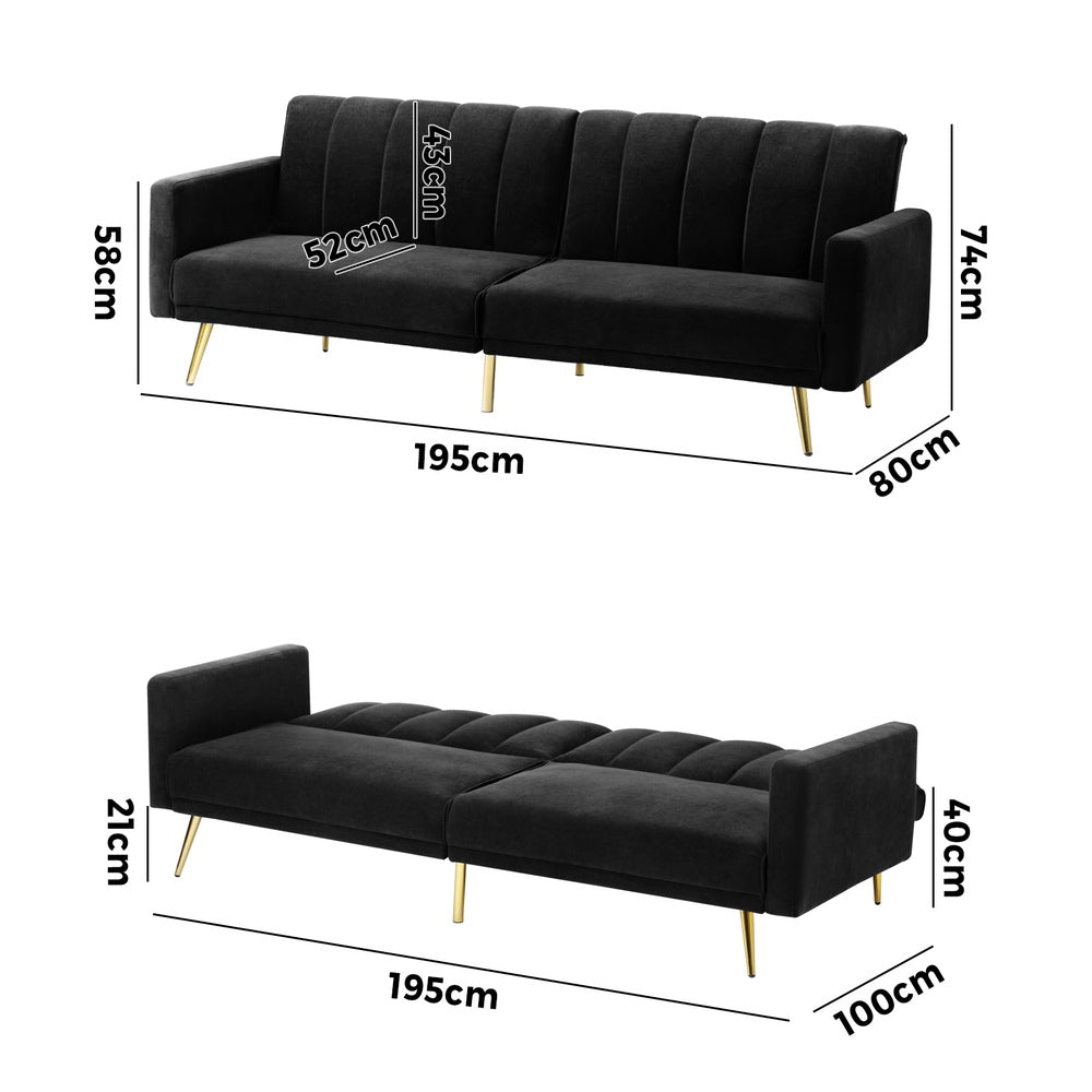 Lucrezia Velvet Two in One 3 Seater Sofa Couch and Fold Out Futon Bed | Adjustable Luxury Futon Sofa Couch