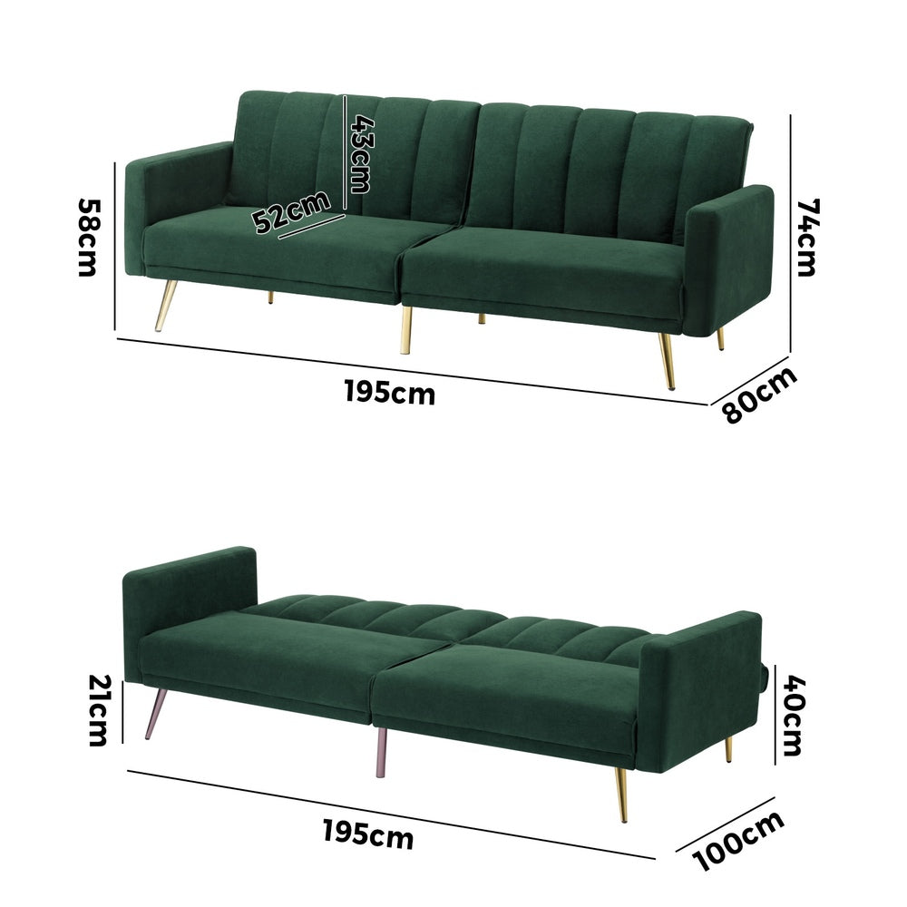 Lucrezia Velvet Two in One 3 Seater Sofa Couch and Fold Out Futon Bed | Adjustable Luxury Futon Sofa Couch