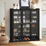 Rearo Centrum Modern 45 Pair Shoe Cabinet  | Fluted Bamboo Shoe Storage Organiser in Black