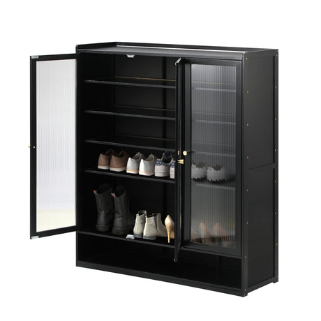 Rearo Centrum Modern 45 Pair Shoe Cabinet  | Fluted Bamboo Shoe Storage Organiser in Black