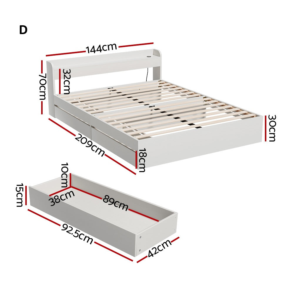 Sorrento 2 Drawer White Storage Bed and 2 Charging Ports | Multi Storage Wood Bed Frame with USB Chargers