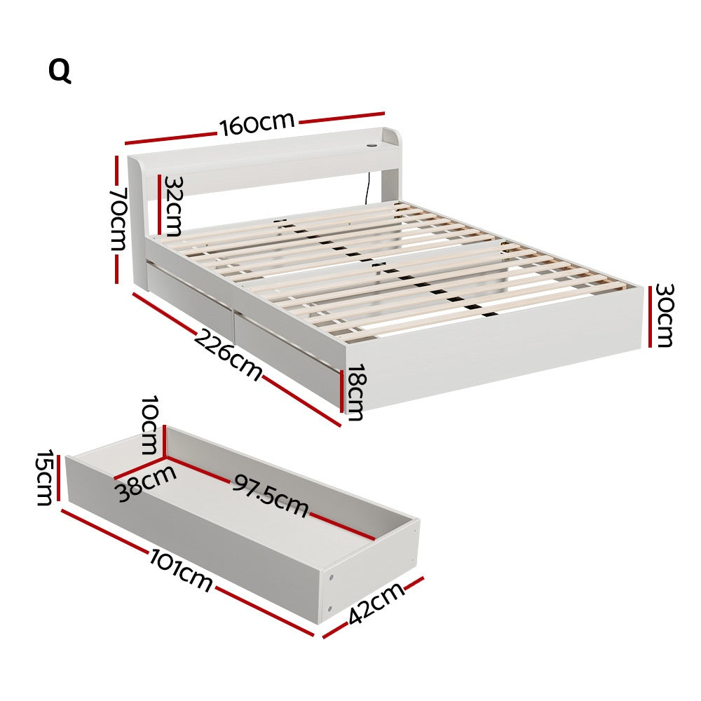 Sorrento 2 Drawer White Storage Bed and 2 Charging Ports | Multi Storage Wood Bed Frame with USB Chargers