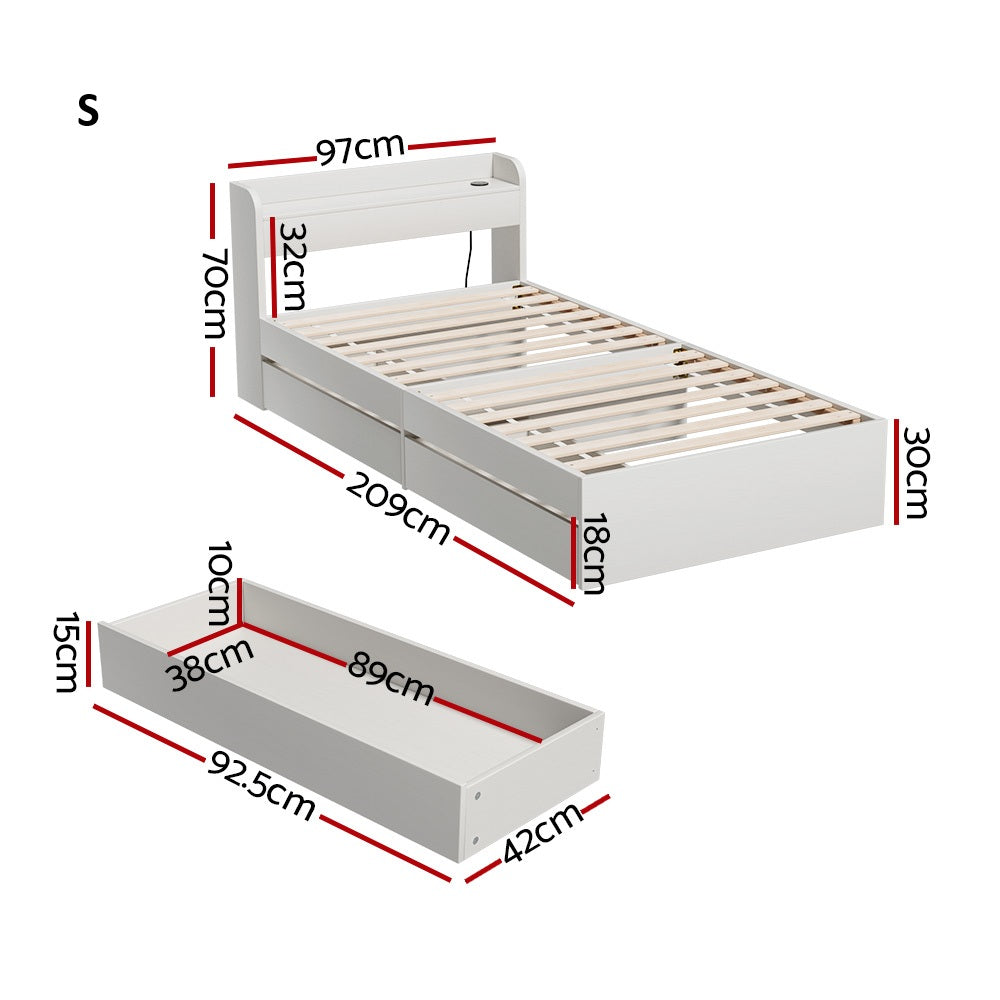 Sorrento 2 Drawer White Storage Bed and 2 Charging Ports | Multi Storage Wood Bed Frame with USB Chargers | 4 Sizes