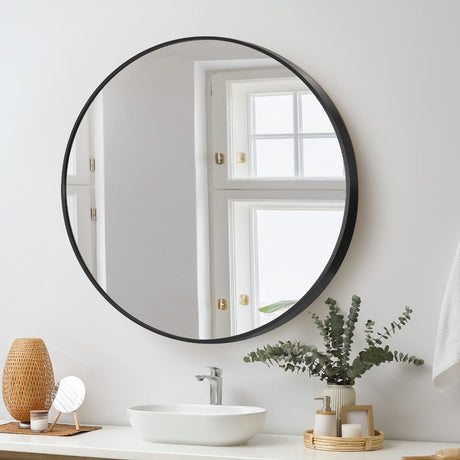 Sierra Contemporary Slim Round Wall Mirror | Bathroom Hallway Round Mirror in Black or Gold Frame | 4 Sizes