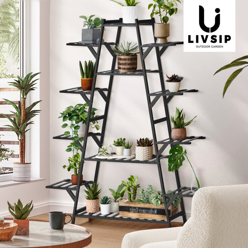 Natura 7 or 12 Tier Black Bamboo Plant Stand Tower | Multi Level Plant Flower Pot Shelf Rack Décor Stand Display Unit