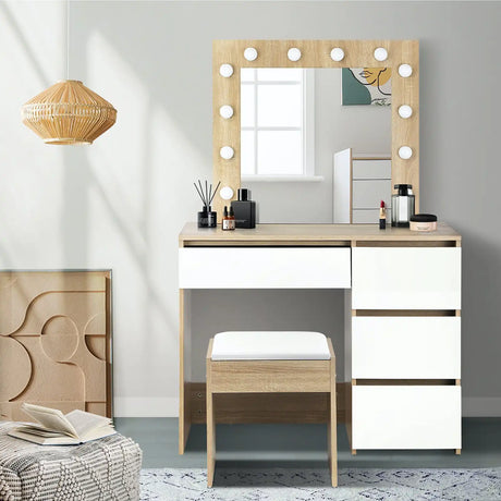 Nora LED Mirror Dressing Table and Stool Set | 12 Light Hollywood Light Makeup Desk Mirror and Storage Drawer Set | 3 Colours