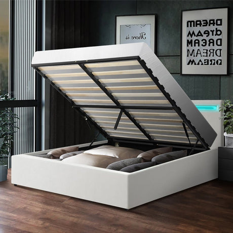 Premium Milano White PU Leather LED Gas Lift Storage Bed | Two In One White Bed Frame and Storage Combo