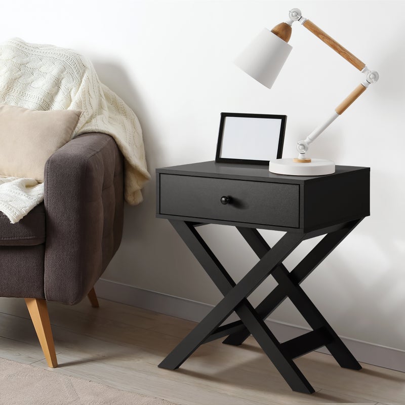 Eros Cross Base Modern Bedside Table | Sleek Storage Draw Nightstand Table in 3 Colours