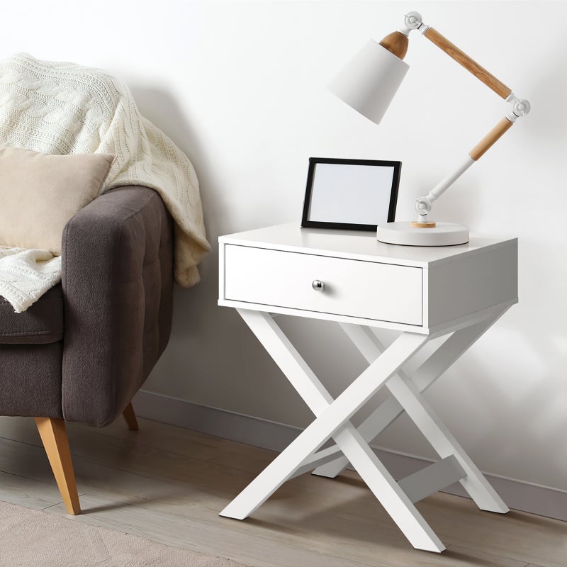 Eros Cross Base Modern Bedside Table | Sleek Storage Draw Nightstand Table