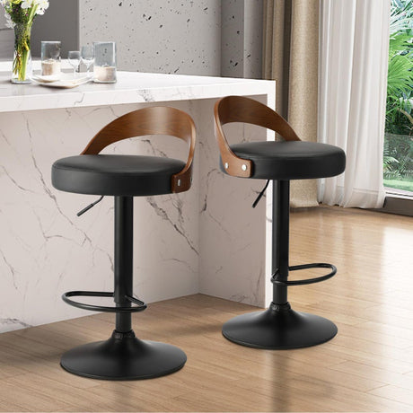 Set of Two Elis Modern Black Metal Barstools | Wood and Metal Gas Lift Adjustable Kitchen Bar Stools | 5 Options