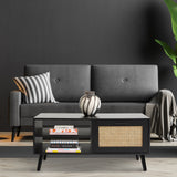 Essenza Black Wood and Rattan Coffee Table | Multi Storage Modern Accent Coffee Table