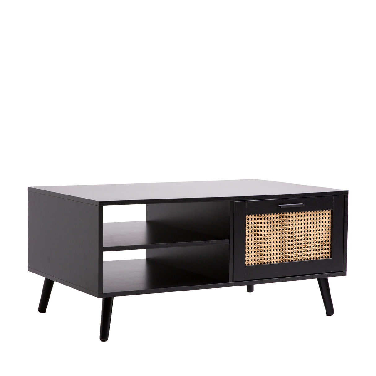 Essenza Black Wood and Rattan Coffee Table | Multi Storage Modern Accent Coffee Table