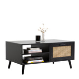 Essenza Black Wood and Rattan Coffee Table | Multi Storage Modern Accent Coffee Table