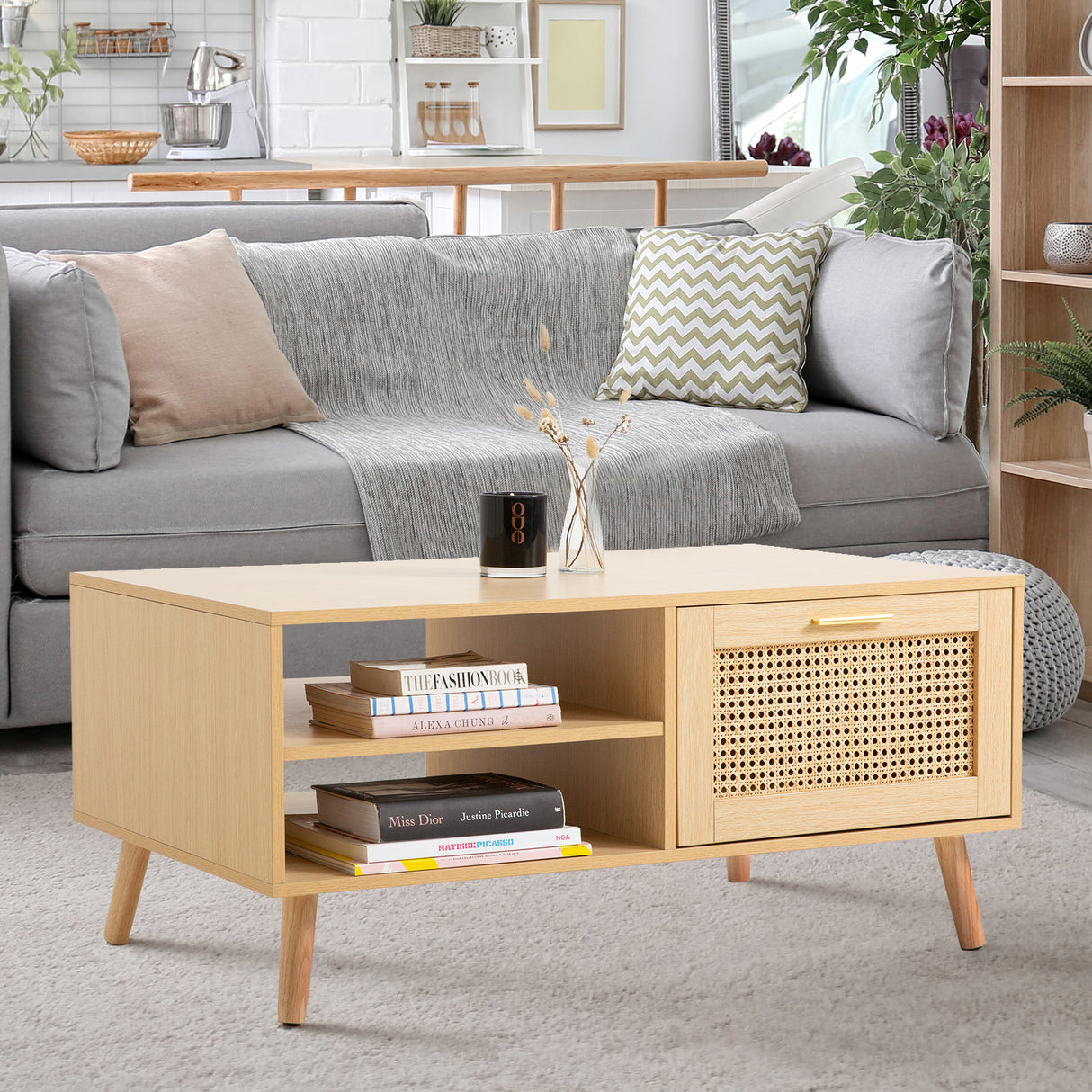 Essenza Rio Wood and Rattan Coffee Table | Multi Storage Modern Accent Coffee Table