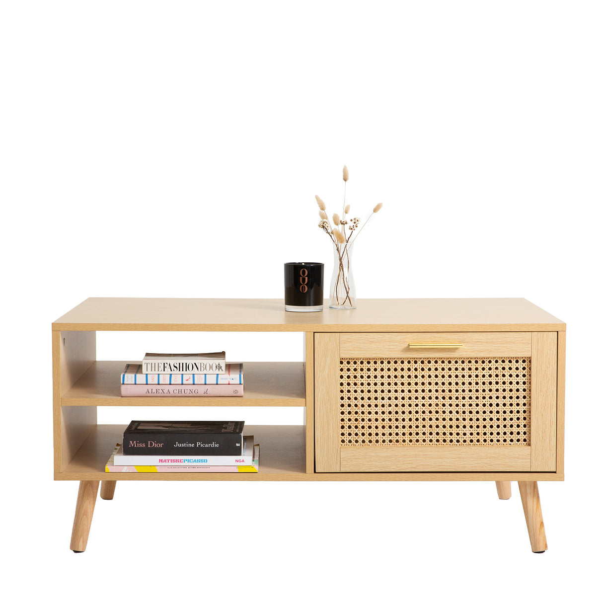 Essenza Rio Wood and Rattan Coffee Table | Multi Storage Modern Accent Coffee Table