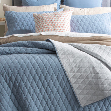 Reversible Diamante Vintage Stone Washed 100% Cotton Quilted Coverlet Set by Renee Taylor | 2 Sizes - 6 Colours