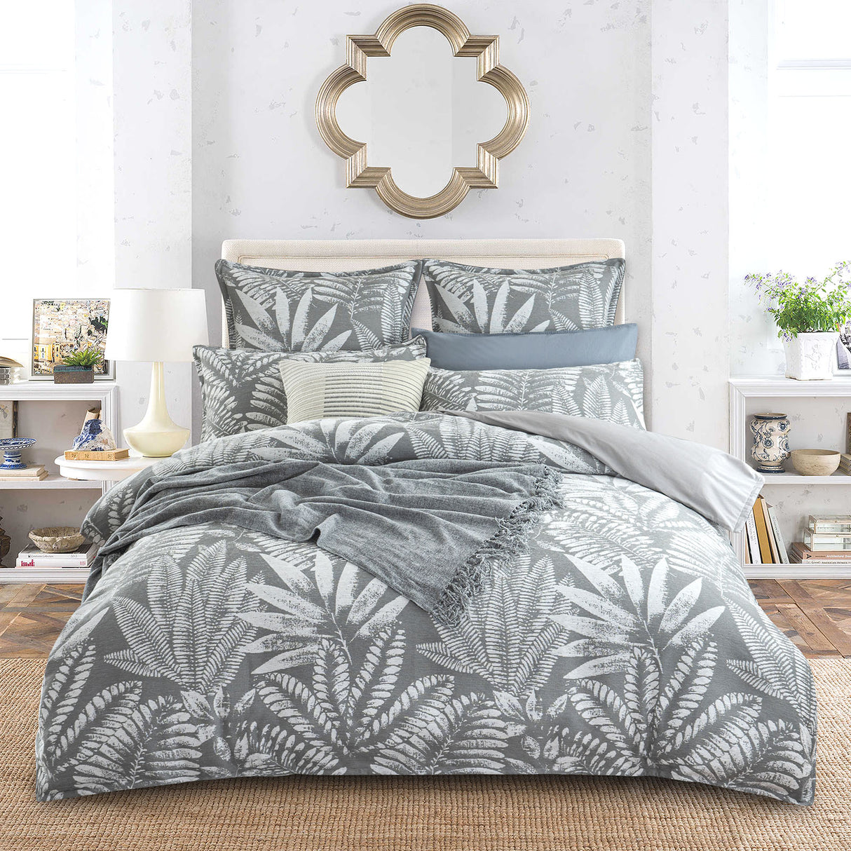 250TC Textured Jacquard Fern Mist Quilt Cover Set in Charcoal by Renee Taylor