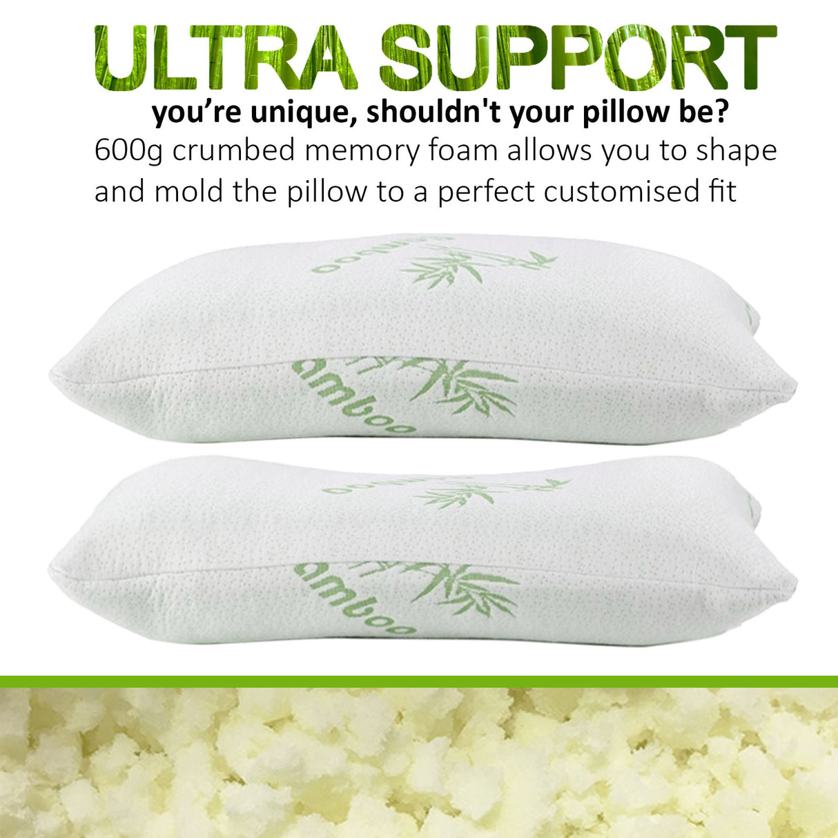 Set of Two Essenza Bamboo Covered Memory Foam Pillows | Anti Bacterial Hypoallergenic Eco Bamboo Soft Plush Pillows