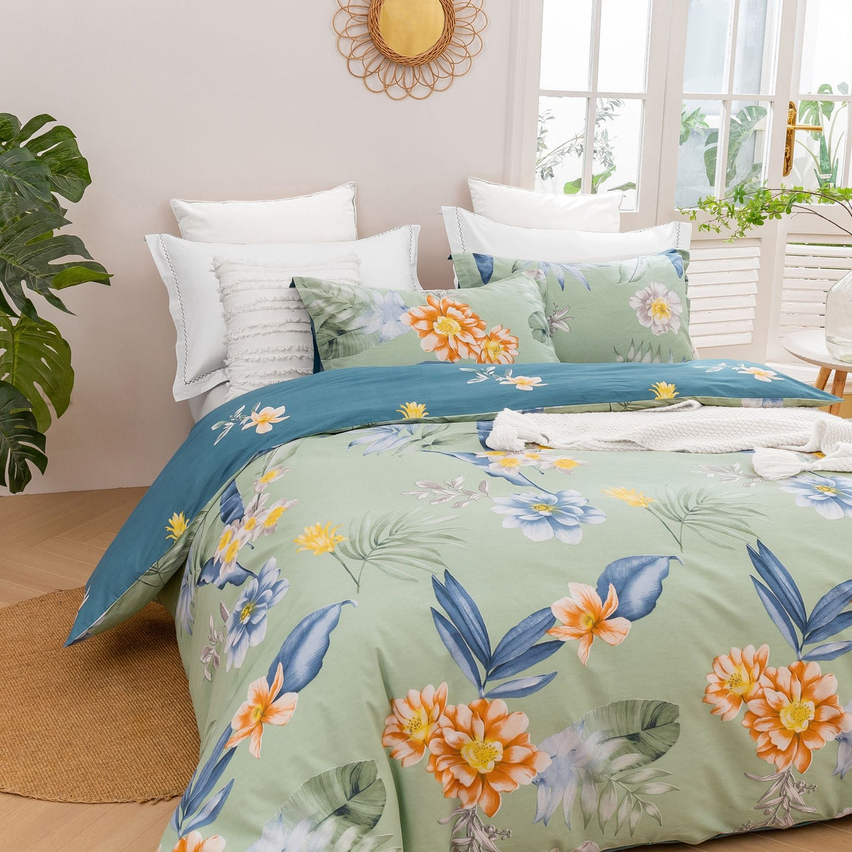 Luxore Paradise Floral 100% Cotton Reversible Quilt Cover Set Mint