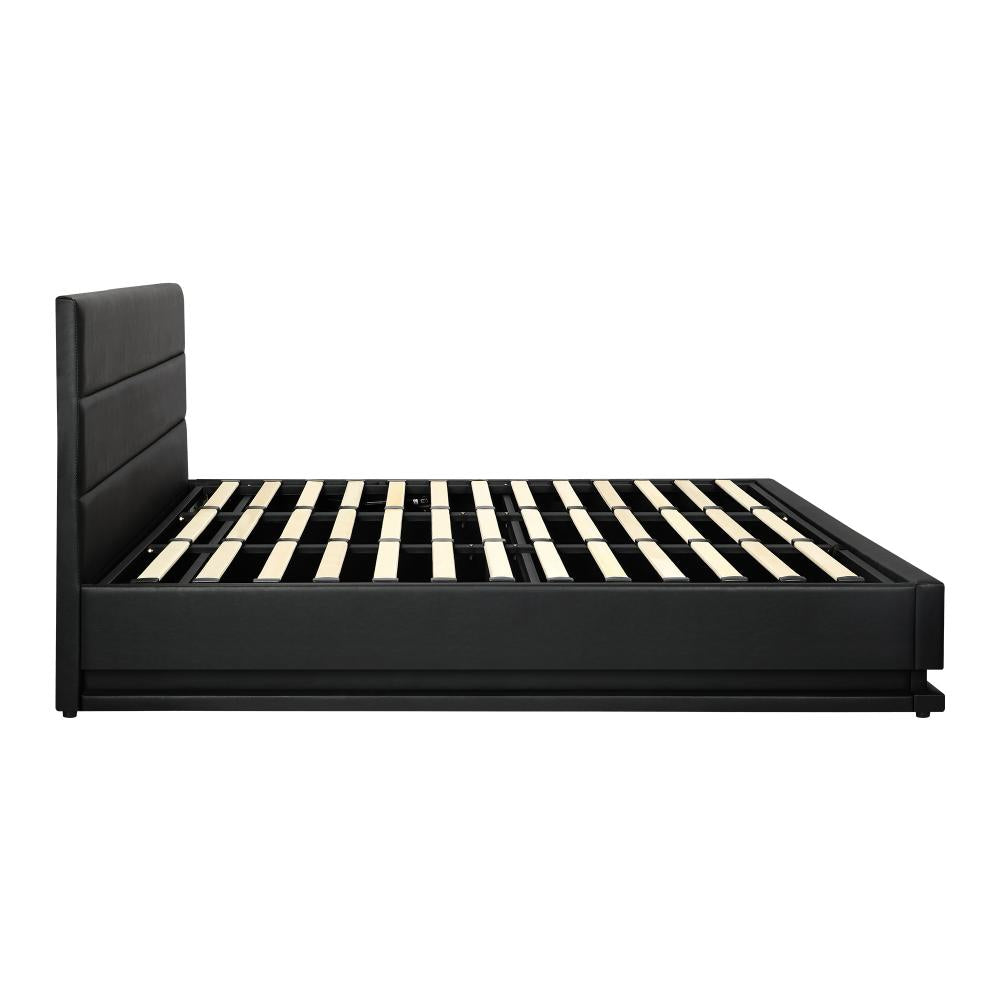 Carlo Supreme PU Leather LED Bed Frame | Black PU Leather Gas Lift Storage Bed | 3 Sizes