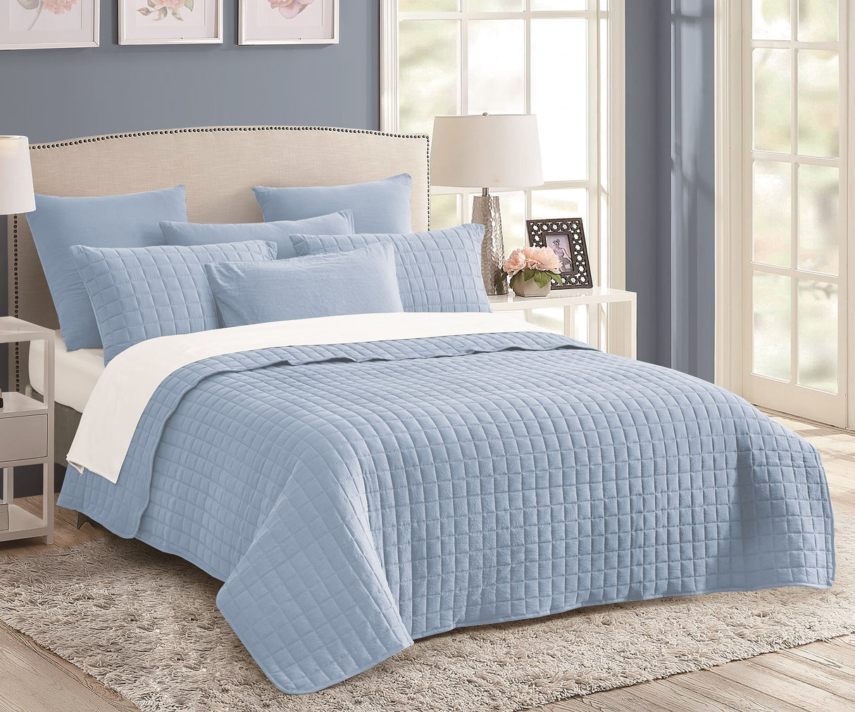 7 Piece Quilted Stone Wash Comforter Set | 7pc All Season Quilted Bedding Set | 2 Sizes - 5 Colours