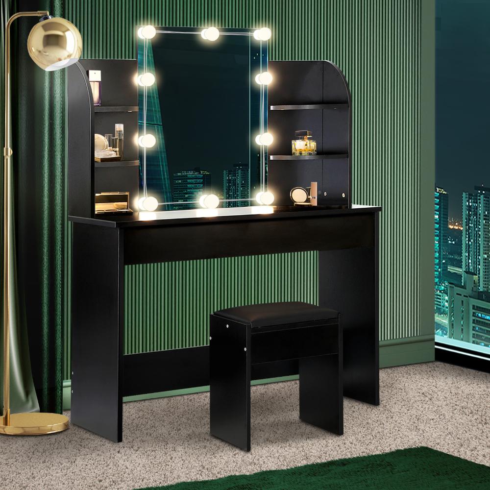 Glamz Hollywood Dressing Table & Stool Set | LED Bulbs Mirror Storage Makeup Desk Cabinet