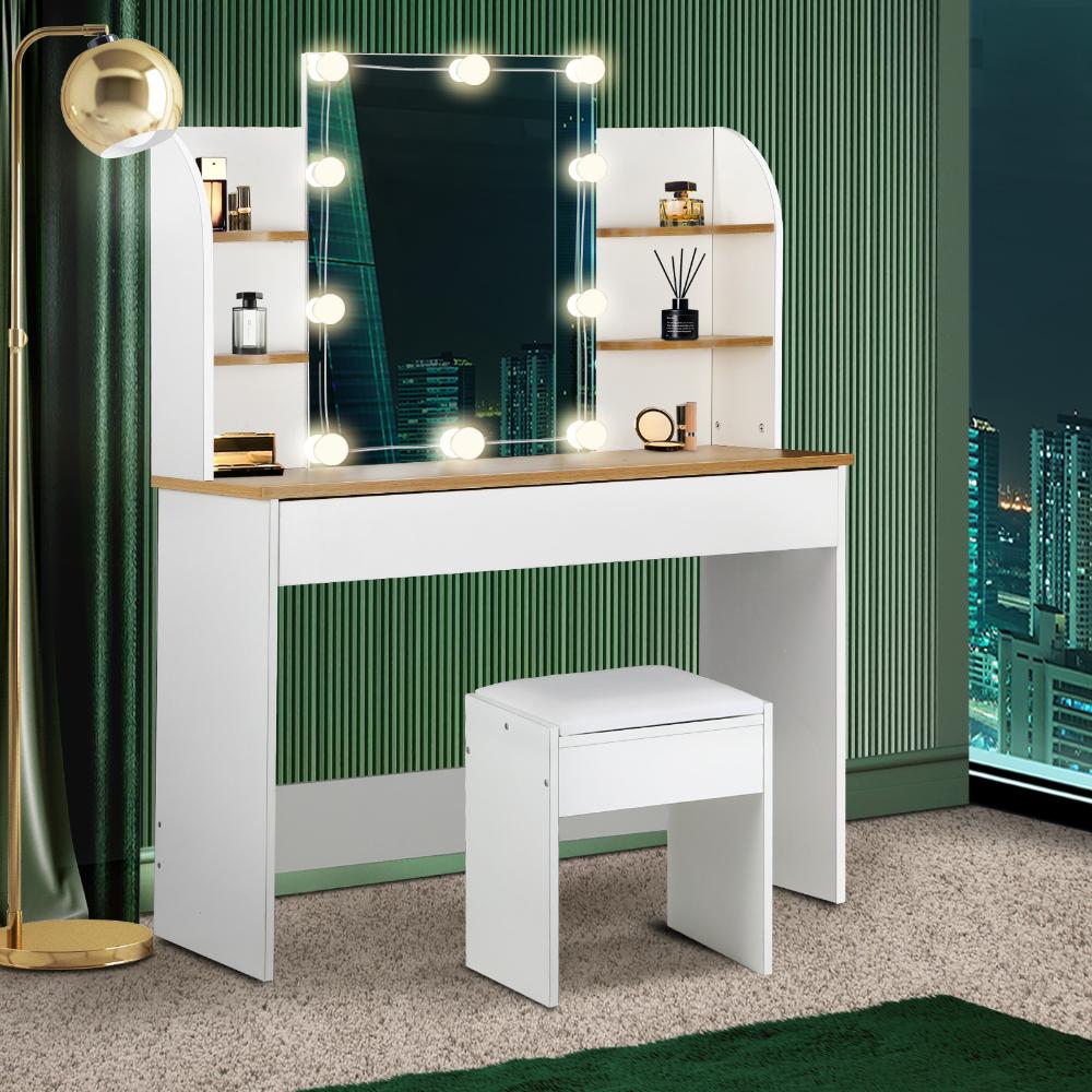 Glamz Hollywood Dressing Table & Stool Set | LED Bulbs Mirror Storage Makeup Desk Cabinet