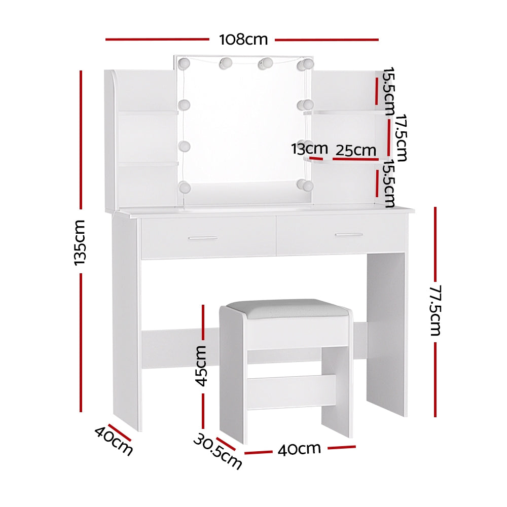 Starque LED Mirror Dressing Table and Makeup Stool Set | 10 Light Hollywood Mirror Makeup and Storage Unit | 2 Colours